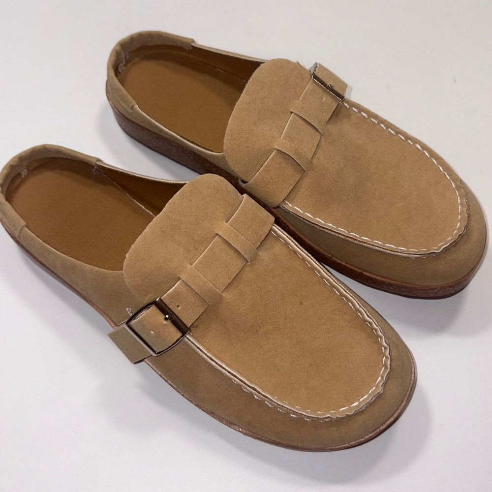 Tan Mule Loafers Buckle Detail Slip On Flats Women Size see Pictures - Picture 1 of 8